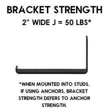 Load image into Gallery viewer, 2" Wide J Bracket Round Ends - 4 Wall Holes
